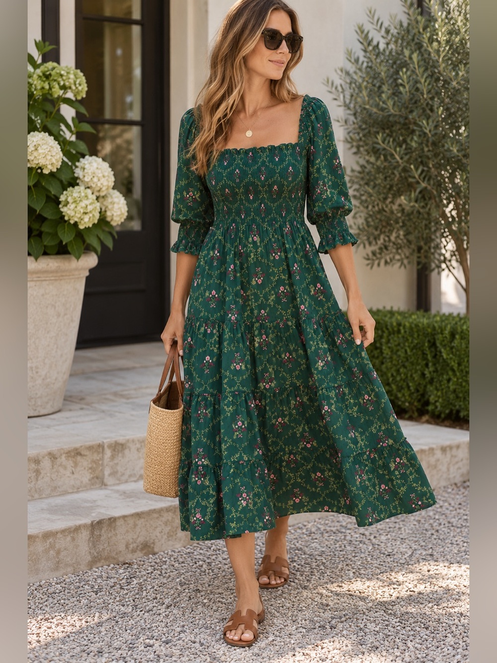 Hill House Forest Nap Dress Green Smocked Midi Dress with Puff Sleeves XS